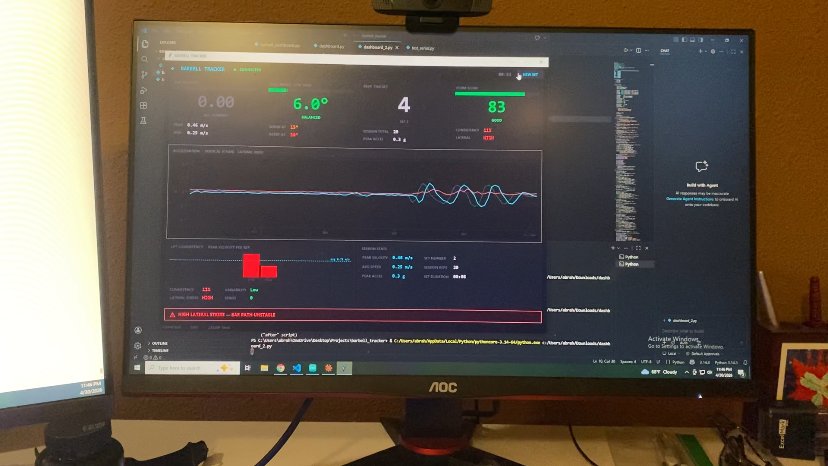 Barbell Tracker dashboard showing balance angle, reps, and lateral speed warning